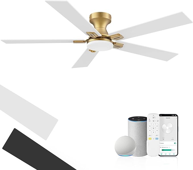 cumilo 52 inch Smart Ceiling Fan with Lights Remote,Quite DC Motor,WIFI Control via Alexa Voice,APP.Dimmable LED,Flush Mount Outdoor Indoor Ceiling Fans for Bedroom Patio Porch,Gold and White Black