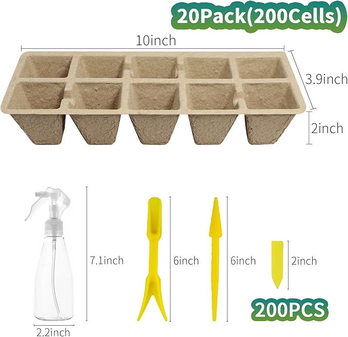 200Cells Seedling Start Trays with Drain Holes,20pcs Peat Pots Seedling Pots Biodegradable,Seedling Starter Kit,Organic Germination Plant Starter Trays(200xLabels,2xTransplant Tools,1xSpray Bottle)