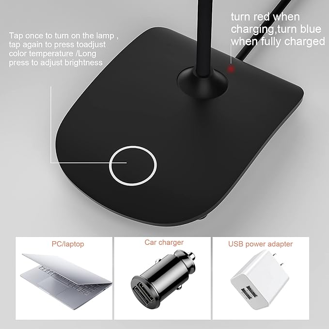 DEEPLITE Battery Operated Desk Lamp, LED Desk Light 3 Lighting Modes Stepless Dimming, Table Lamp 5W Touch Control Eye Caring, Flexible Gooseneck, Portable Reading Light for Dorm Study Office Bedroom