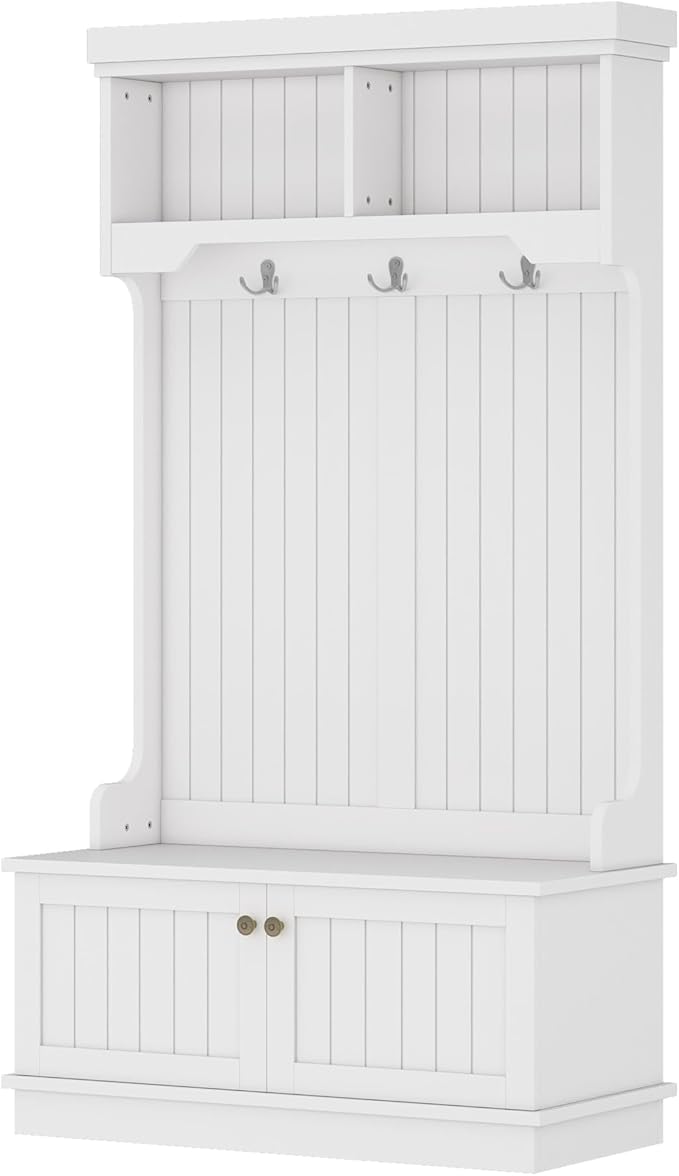 4-in-1 Hall Tree with Storage Bench & Coat Rack - Entryway Organizer with Hooks, Shoe Storage, and Display Shelves for Modern Homes (White)