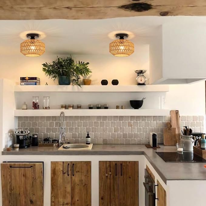 Mini Rattan Boho Ceiling Light Fixture, Small Woven Semi Flush Mount Ceiling Light, Wicker Light Fixture Hallway,Laundry Room, Closet,Nursery E26 1 Light