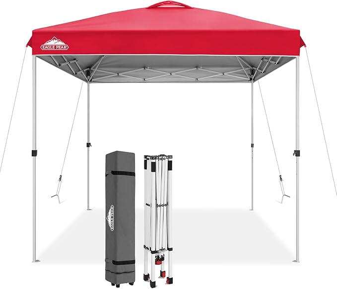 EAGLE PEAK Pop Up Canopy Tent with Wheeled Carry Bag, 8 Stakes, 4 Ropes, Easy Set Up Tent Canopy, 8x8 ft, Red