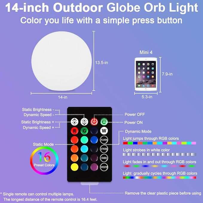 14-in LED Ball Light, Rechargeable Outdoor Globes Light Dimmable RGB Color Changing Globe Floor Lamp w/Remote, Modern Versatile LED Globe Orb Lights Waterproof Glowing Orb Lamp for Home Yard Lawn Path