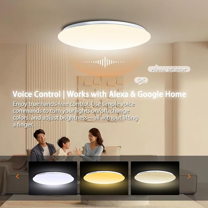 1-Pack, 19 inch Smart LED Music Ceiling Light with Bluetooth Speaker, Compatible with Alexa & Google Home, Color Changing RGB Dimmable Light for Living Room, Bedroom, Kitchen