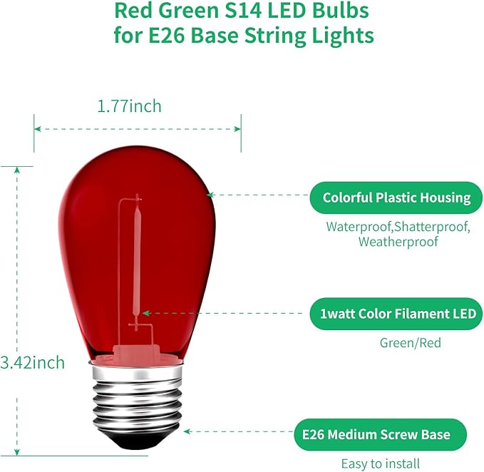 S14 Colored LED String Light Bulbs, 24-Pack 1W Plastic Shatterproof Waterproof Outdoor Indoor Replacement Bulbs for Home Decor, E26 Medium Screw Base, Red and Green Christmas Bulbs