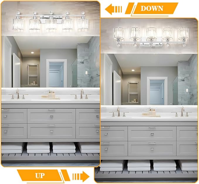 Lxybcce 5 Light Bathroom Vanity Light, Modern Crystal Bathroom Ligth Fixture, Chrome Vanity Lights, Light Fixtures Above Mirror, Wall Lamp for Mirror Living Room Cabinet Bedroom Porch