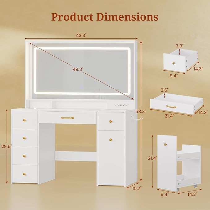 49.3“Large LED Mirror with Lights,Makeup Vanity Desk with 6 Drawers,Power Outlet,Glass Tabletop,Storage Shelf,Rolling Makeup Cart,Hairdryer Rack White