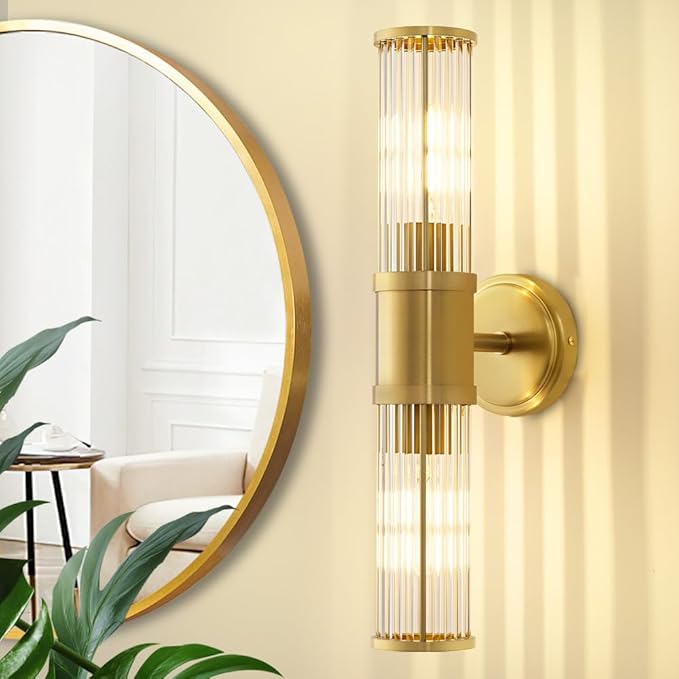 Gold Wall Sconce Bathroom Vanity Light Fixtures for Mirror, Modern Wall Light with Glass Rod Shade for Bathroom, Bedroom, Hallway, Living Room - Bulb Not Included