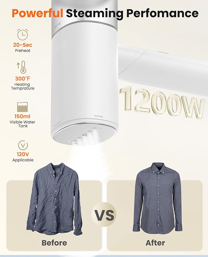 Handheld Steamer for Clothes, 1200W Foldable Travel Steamer, 20 Sec Preheat Garments Wrinkle Remover, 120V Portable Hand Iron with 150ml Water Tank, Clothes Steamer for Home Travel-White