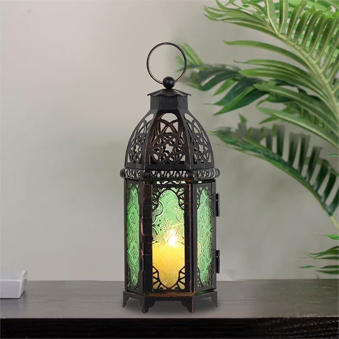 NEEDOMO Hanging Moroccan Lantern, 11'' Vintage Candle Holder, Metal Lanterns Decorative Indoor Outdoor, Table, Patio, Porch, Shelf, Gothic Home Decor (Green, Medium Size)