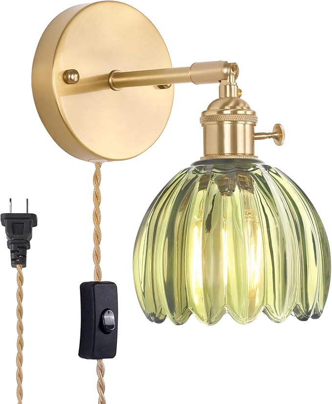 Plug in Wall Sconce, Green Tulip Glass Lampshade Wall Light Plugin Corded for Bedside Bedroom Doorway