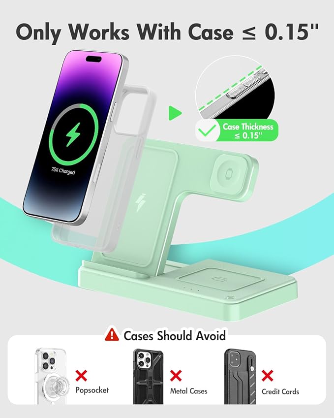 Wireless Charger Stand Charging Station: 3 in 1 Charger Multiple Devices for Apple iPhone 17 16e 16 15 14 Pro Max 13 12 11 for Watch 11 10 9 8 7 6 5 4 3 2 SE and Ultra & Airpods Series, Light Green