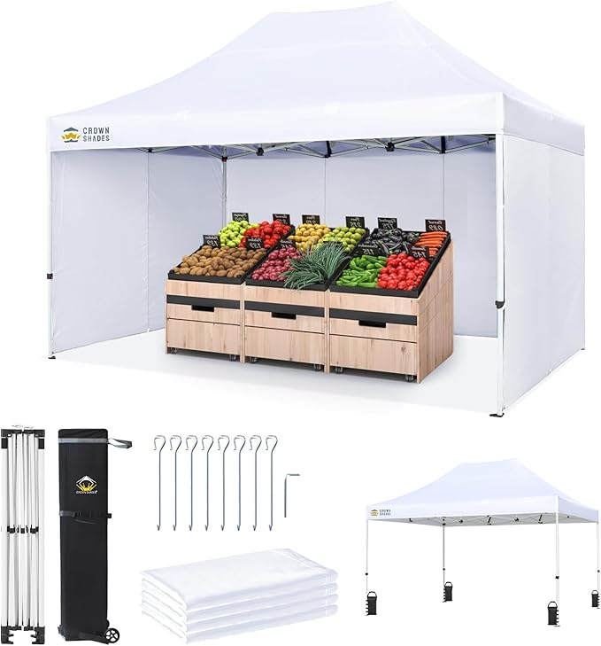 CROWN SHADES 10x15 Pop Up Canopy Tent, Thicken Frame Commercial Heavy Duty Tent, 4 Sidewalls 8 Stakes & 4 Sandbags & 4 Ropes, Outdoor Canopies for Events, Parties,White