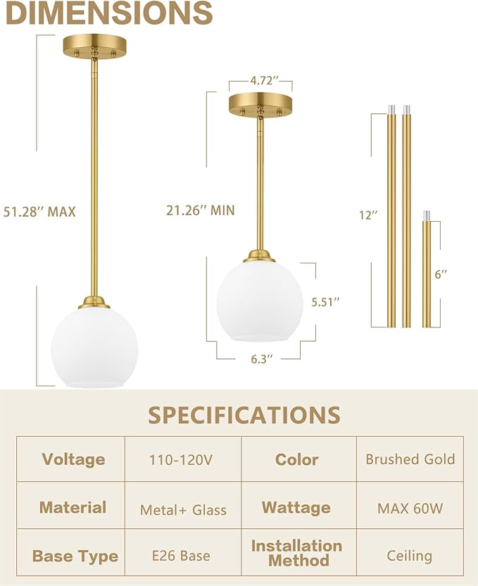 Modern Gold 2-Pack Pendant Light Fixture, Globe Shape, Adjustable Height, Kitchen Island, Dining Room, Living Room, Milk Frosted Glass Shade, ETL Listed
