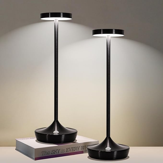 Cordless Table Lamp Rechargeable - 6000mAh LED Battery Operated Table Light - Portable Touch Dimmable Outdoor Waterproof Table Lamps for Patio Restaurant Dining (2 Black)