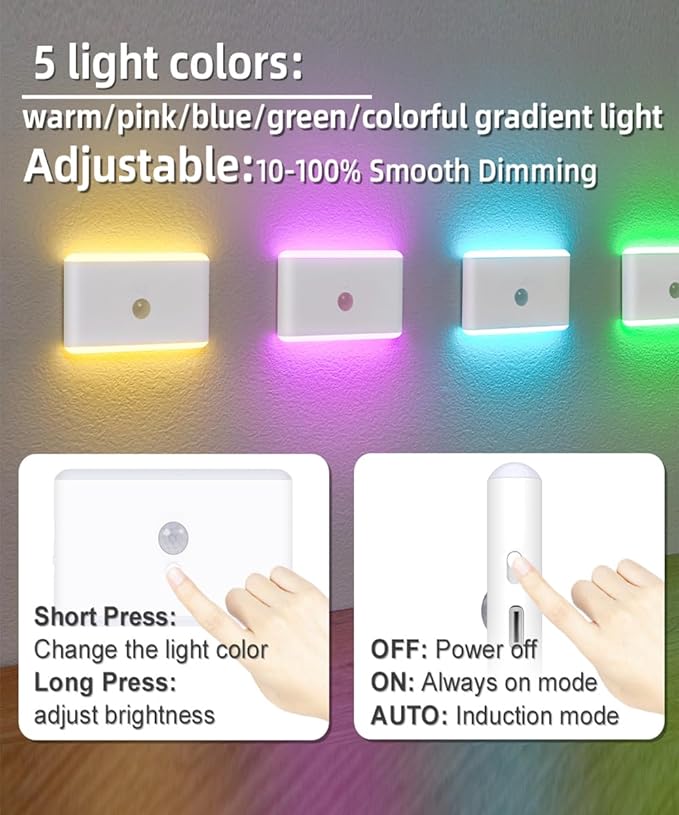 LAVAED Motion Sensor Night Light Indoor,RGB Charging Cordless Stair Lights,LED Wireless Step Light 500mAh Rechargeable Battery Operated Stick On Light for Hallway,Kitchen,Closet,Cabinet,Bedroom(4pack)