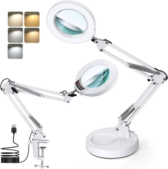 10X Magnifying Glass with Light and Stand, Real Glass Lens Desk Lamp, Lighted Magnifier with Light Stepless Dimming Hands Free for Craft, Reading, Painting, Sewing, Solder - White