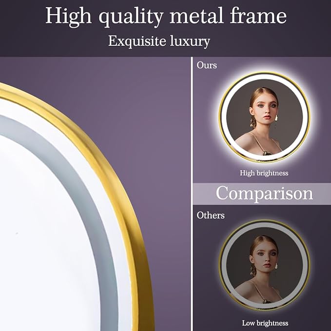 20 Inch Gold Frame LED Round Mirror with Lights Smart Memory 3 Color Dimmable Anti-Fog Gold Framed Round Lighted Mirrors for Bathroom Wall Makeup Golden Circle Round Vanity Mirror with Light