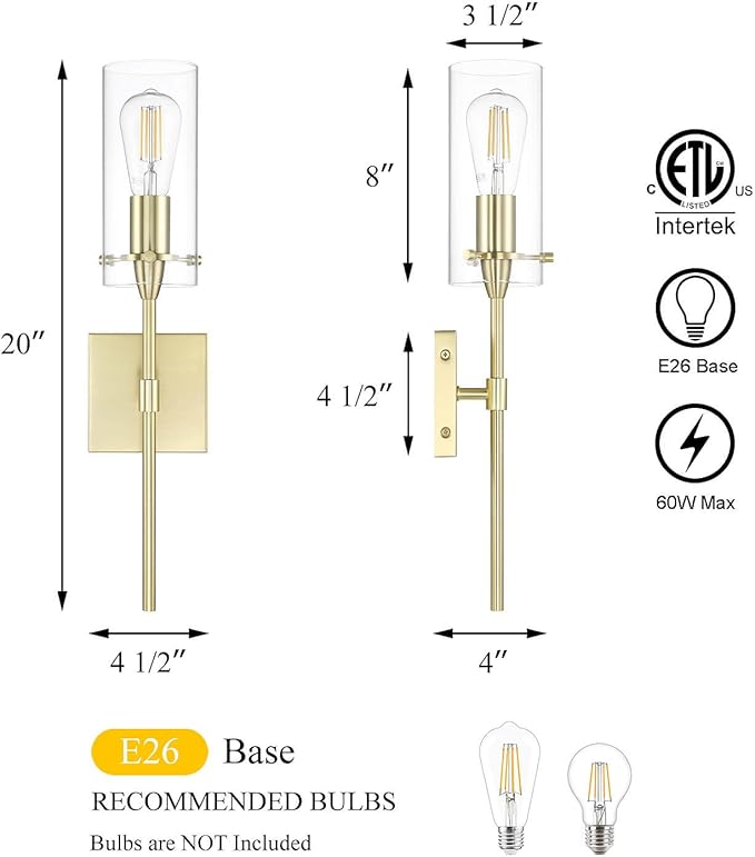 XiNBEi Lighting Brass Wall Sconce Set of 2, Modern Single Bathroom Sconces Wall Lighting Indoor Sconce Bathroom Lighting for Bedroom Vanity & Living Room