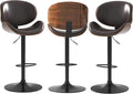 Adjustable Swivel Bar Stools Set of 3, Modern Bentwood Barstool with Large Metal Base and Footrest, PU Leather Upholstered Bar Chair with Curved Back for Kitchen Island Dining Room, Brown