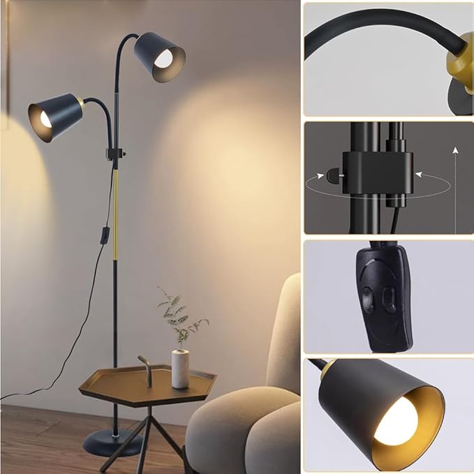 AoMck Floor Reading Lamp, Industrial Metal Floor Lamps for Living Room with Adjustable Bendable, 2 in 1 Reading Table Lamps for Living Room Bedroom Office, 12W Bulb Included (Black-2 Heads)