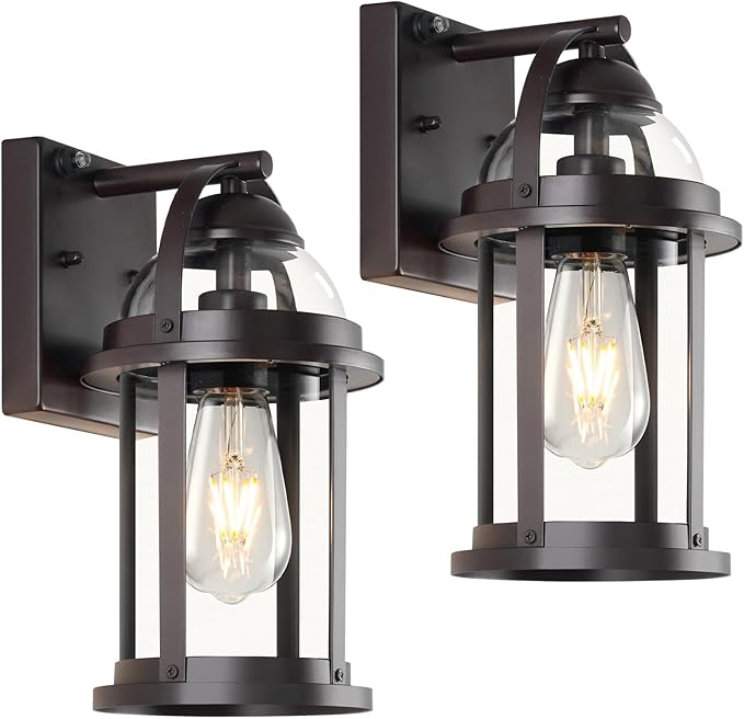 OKELI Dusk to Dawn Outdoor Wall Lights, Waterproof Lighting Fixtures Rustic Farmhouse Wall Lanterns with Clear Glass Shades Anti-Rust Outside Lights for Garage Patio Porch(Brown, 2 Pack)