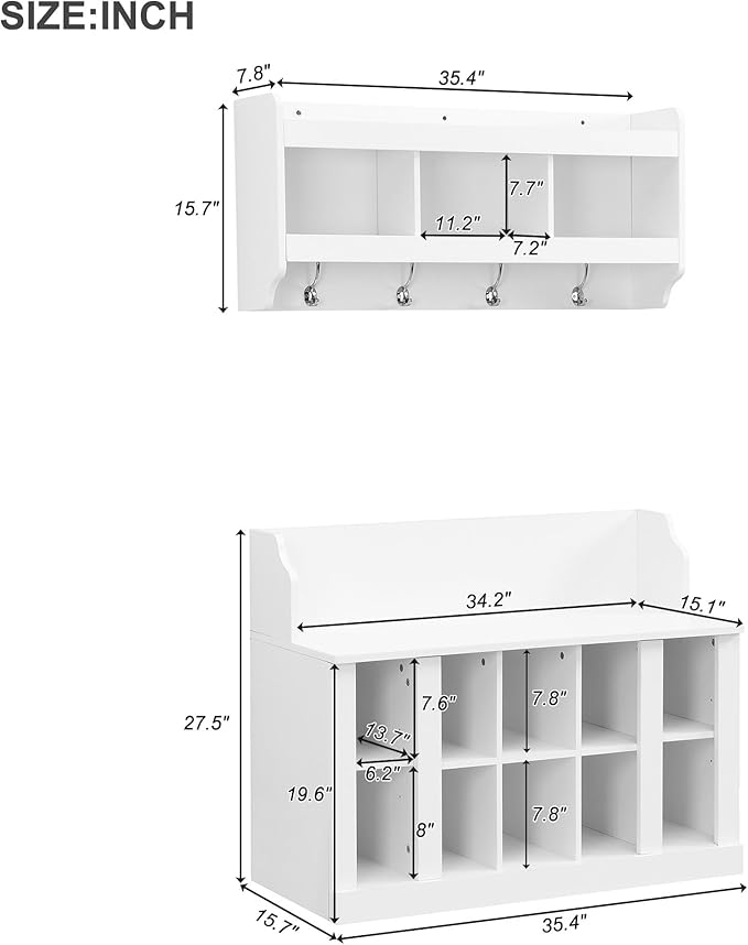 AMNOOL Modern Hall Tree with Shelves and 4 Hooks with Wall Mounted Coat Rack Shoe Storage Bench with Ten Storage Compartments Adjustable Shelves for Hallway, Foyer, Mud Room (White)