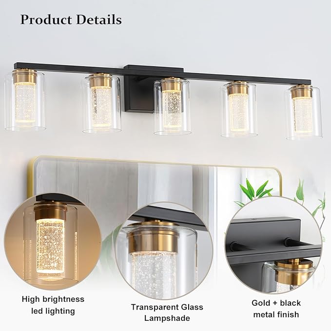 EMONG 5-Light Black&Gold Bathroom Light Fixtures,Dimmable 5CCT LED Vanity Lights with Clear Glass,2700K-6500K Adjustable Crystal Bubble Black Bathroom Vanity Light Over Mirror for Hallway