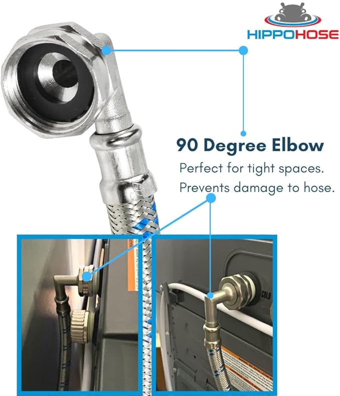 Washing Machine Hoses (8 FT) - Double 90° Elbow to Fit Tight Spaces - OCTAGON Connections for Easy & Secure Tightening - Burst Proof Water Supply Line (2 Pack) - Universal Fit to All Wash Machines