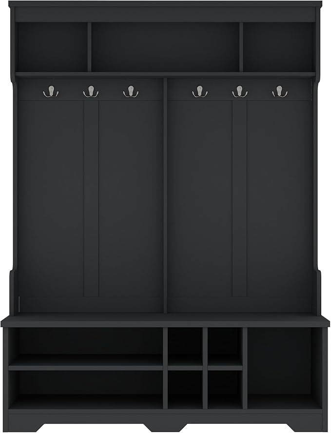 Modern Hall Tree with Metal Hooks and Storage Space, Wood Multi-Functional Entryway Coat Rack with Shoe Cubbies for Hallway Living Room Bedroom (Black/r11)