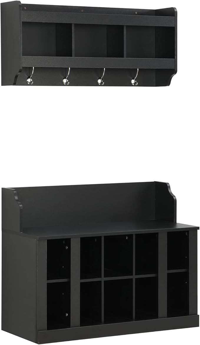AMNOOL Modern Hall Tree with Shelves and 4 Hooks with Wall Mounted Coat Rack Shoe Storage Bench with Ten Storage Compartments Adjustable Shelves for Hallway, Foyer, Mud Room (Black)