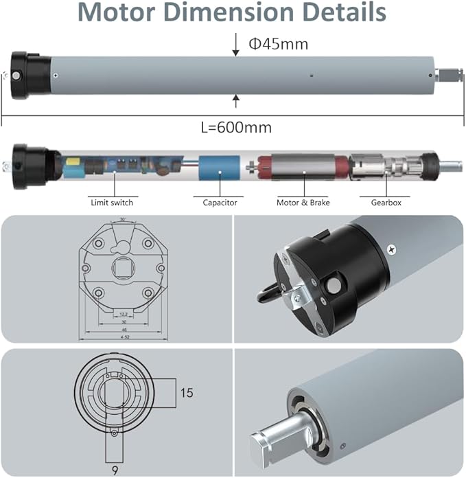 Electronic Limit Tubular Motor for Roller Shades, 45mm Remote Control Electric Blind Replacement Kit, Quiet Motorized Awning Drive, Light Adjustment (50 N.m for Φ55mm （2-1/8") Octagonal Tube