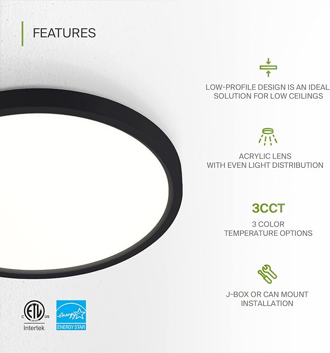 ASD LED 9" Round Flush Mount Light | 18W 1460LM 3000-5000K 120V | 3CCT, Dimmable, Ultra Slim, ETL Listed | Thin Surface Lamp, Bedroom Ceiling Lighting | Black, 12 Pack