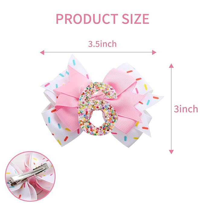 Birthday Hair Clips for Baby Girls - 2Pc Pink Sprinkle Bow Hair Clips for 6th Birthday Glitter Ice Cream Baby Bow Party Decorations for Girls Toddlers Hair Accessories (Pink-6 Years-Clips)