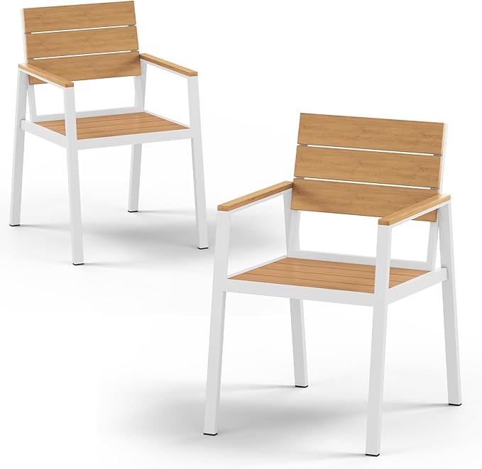 HDPS Outdoor Patio Dining Chairs Set of 2, 350LBS Capacity Aluminum Patio Dining Chairs with Armrests, Weather-Resistant for Lawn, Garden, Yard, Poolside and Indoor Use, White & Teak