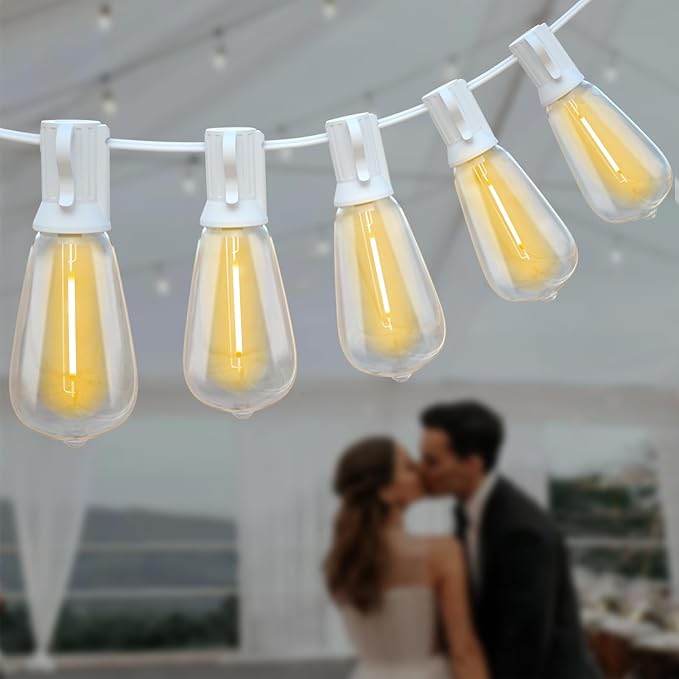 Achin Outdoor String Lights White 100Ft LED Patio Lights Outdoor Waterproof with 50+2 Shatterproof ST38 Bulbs 2200K Dimmable String Lights for Outside Backyard Party Wedding, White Cord