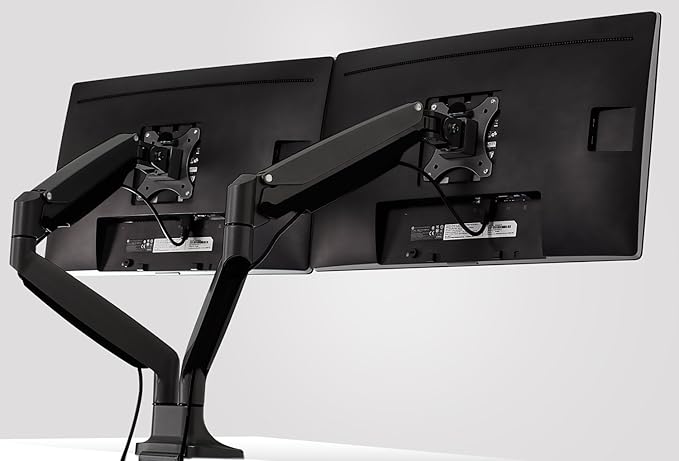 Mount-It! Dual Monitor Arm Mount | Desk Stand | Two Articulating Gas Spring Height Adjustable Arms | Fits 2 x 24 27 29 30 32 Inch VESA 75 100 Compatible Screens | C-Clamp and Grommet Bases (Black)