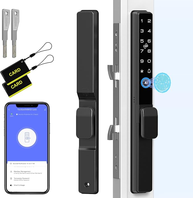 Sliding Door Lock, Smart Door Lock with Fingerprint RFID Keypad Bluetooth App Control, Electronic Biometric Digital Code with Double Hook for Thickness 22~110mm, Keyless Entry Patio Door Lock
