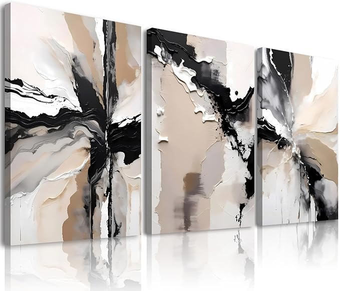 3pcs Framed Black Beige Netural Wall Art,Modern Geometric Abstract Wall Decor Living Room,Beige Black Abstract Marble Canvas Wall Art Posters Prints for Bathroom Bedroom Home Decoration,12x16inch