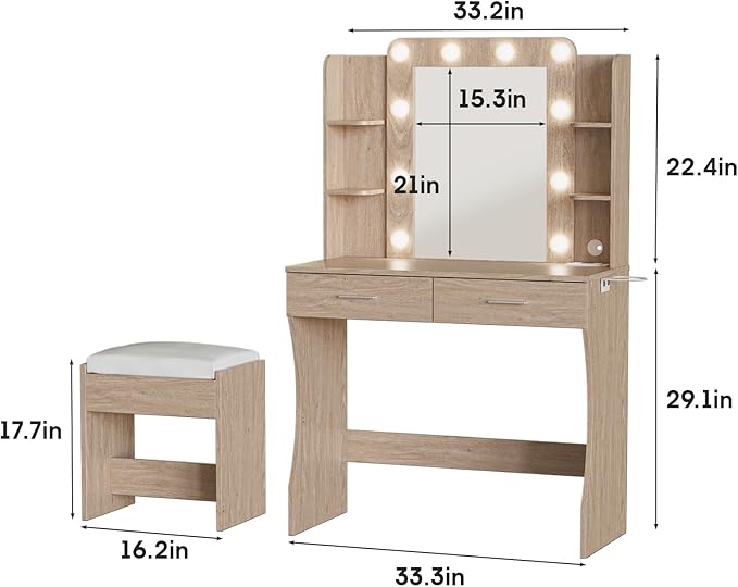 Vabches Vanity Desk with Mirror and Lights,Makeup Vanity Table with Charging Station,2 Drawer Bedroom Dressing Table with 3 Colors Modes Dimming & Cushioned Stool,Natural Oak