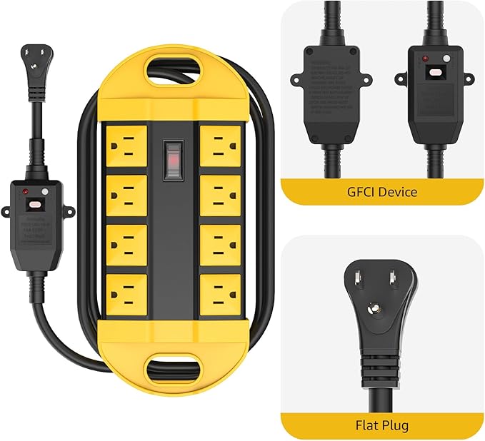 CCCEI GFCI Outdoor Power Strip Weatherproof with 8 AC, Waterproof Extension Cord with Multiple Outlets, Wall Mount Surge Protector Flat Plug, Christmas Exterior Garden, Yard, 10FT, Yellow.