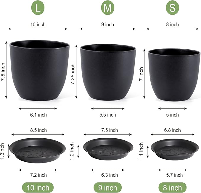 WOUSIWER Plant Pots 10/9/8 inch, Set of 3 Modern Decorative Plastic Planters with Drainage Holes and Saucers for House Plants Indoor Flowers Plants, Black