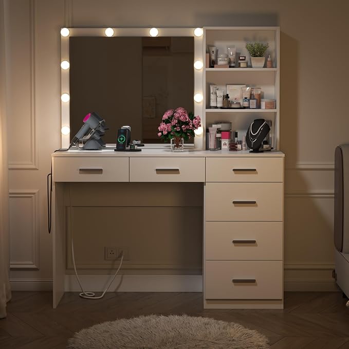 39 Inches White Vanity Desk with Lights, 6-Drawers Makeup Vanity Table with Power Strip and Storage Shelves, Dressing Table with Lighted Mirror for Women Girls