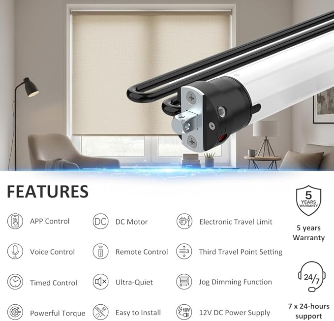 Tuya ZigBee Smart Roller Shade Motor, High Torque Electric Blinds Retrofit Kit, App/Voice Control with Alexa Google, Remote & Timer, Quiet 38dB (6.0 N.m for Φ40mm (1.57") Octagonal Tube)
