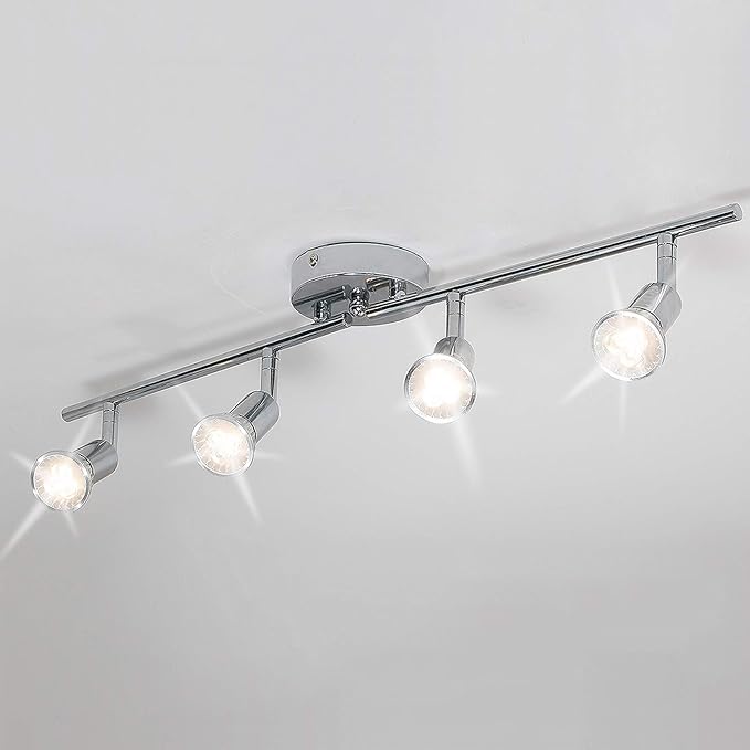 Qcyuui Modern 4-Light Track Lighting Kit, Flush Mount Wall/Ceiling Spot Lights Fixture, LED Track Lighting with Chrome Rotatable Light Head for Kitchen Living Room, 4×GU10 Bulb (Included)