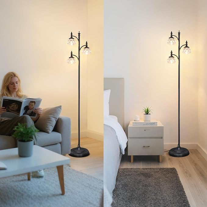 Black Floor Lamp for Living Room,Tall Standing Lamp Dimmable Tree Floor Lamps with 3 Rotatable Lights Glass Shade 66.5'' Modern Corner Lamp for Bedroom Office(3LED Bulbs Included)