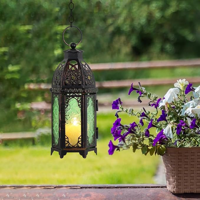 NEEDOMO Hanging Moroccan Lantern, 11'' Vintage Candle Holder, Metal Lanterns Decorative Indoor Outdoor, Table, Patio, Porch, Shelf, Gothic Home Decor (Green, Medium Size)