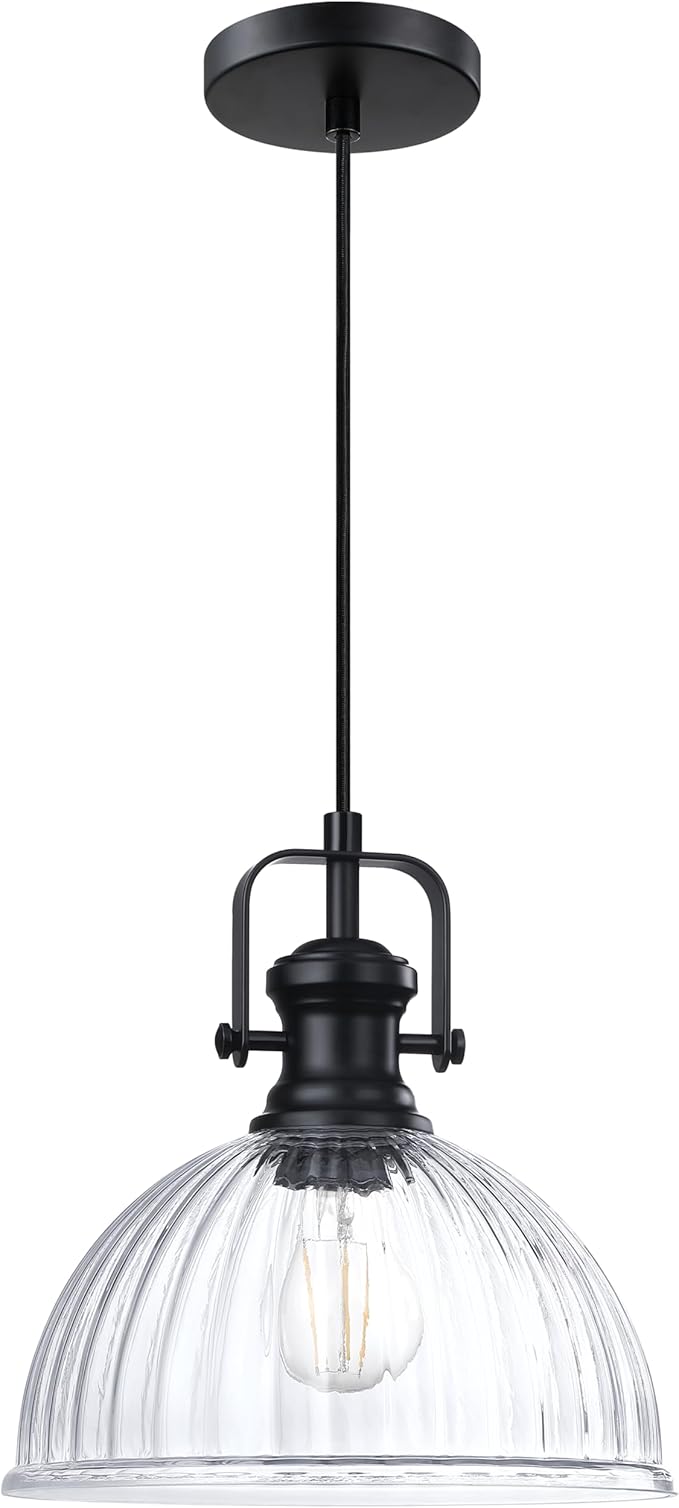 Leading Lighting 1 Light Pendant Light Hanging Modern Farmhouse Indoor Fixture 10" Clear Textured Glass Black Finish Dinning Over Sink Kitchen Island