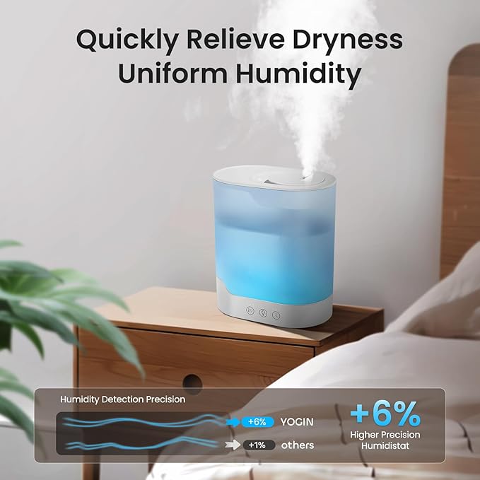 YOGIN Air Humidifier for Bedroom, 3L Top-Fill Cool Mist Humidifier & Essential Oil Diffuser, Ultra-Quiet <24dB, Smart Humidity Control, Up to 40H Runtime