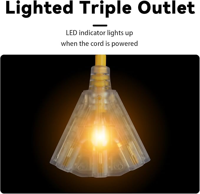 EP 3 Ft Lighted GFCI Extension Cord with 3 Electrical Power Outlets - 12/3 SJTW Heavy Duty Yellow Pigtail Extension Cable with 3 Prong Grounded Plug for Safety, UL Listed